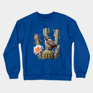 Cactus Wren Surrounded By Saguaro Cactus Blossom Crewneck Sweatshirt